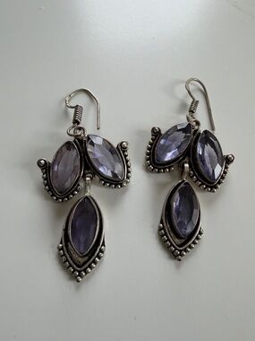 Silver Purple Marquise Drop Earrings - Elegant Women Jewelry